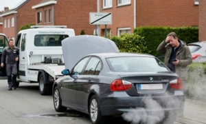 Takelwagen van schadeautoopkoper.be haalt defecte BMW met rookontwikkeling op bij gestrande automobilist