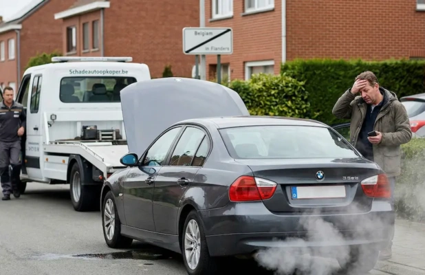 Takelwagen van schadeautoopkoper.be haalt defecte BMW met rookontwikkeling op bij gestrande automobilist